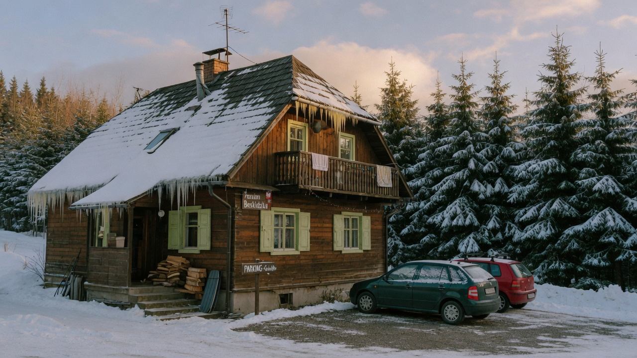 Drewniany pensjonat w Beskidach z zaśnieżonym dachem i dwoma samochodami pod oknami.